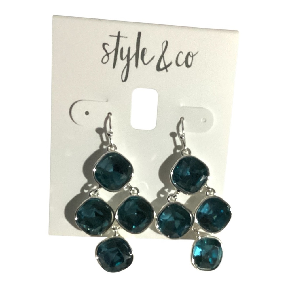 Style & Co. 2" Silver Tone/Blue Chandelier Drop Earrings-NWT 1638 - Picture 2 of 4